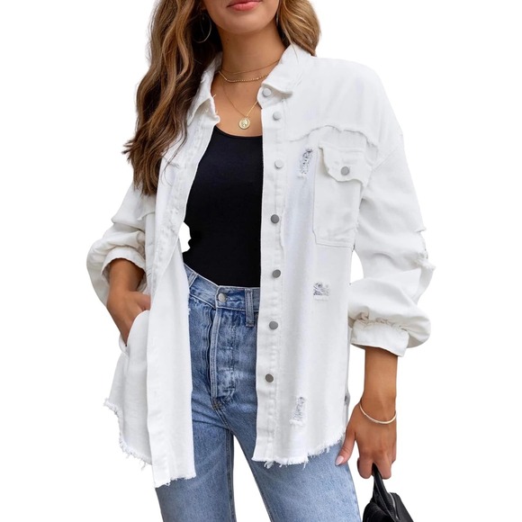 POL Jackets & Blazers - POL Distressed Denim Shacket White Oversized Star Patch XL Jean Jacket